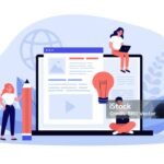 Blog authors writing articles. Freelance writers with laptops creating internet content. Vector illustration for online education, people of creative job, seo marketing concept